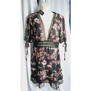 NWT Eilly Bazar Women's Short Sleeve Floral Slip Dress Black Pink  L Crochet